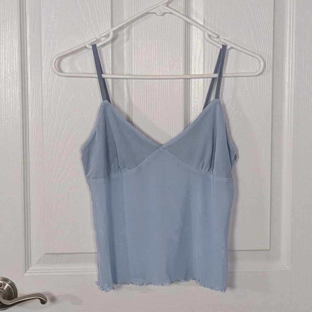 Baby Blue Sheer Ruffled Trim Cami Crop Top Mesh Lingerie Y2K Style Size M‎